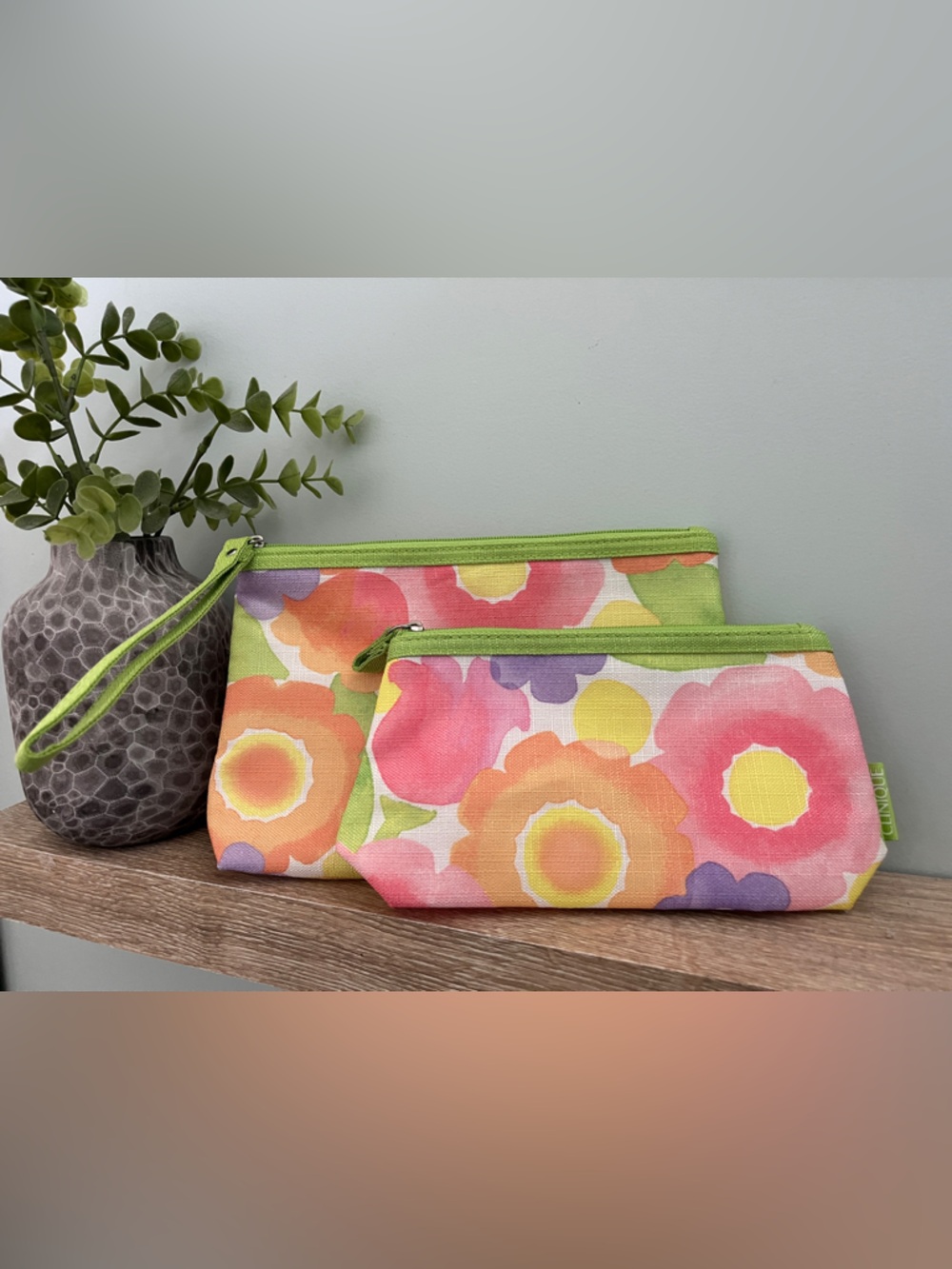 Clinique 2pc Floral Cosmetic Pouches in Pink, Orange, Yellow & Green